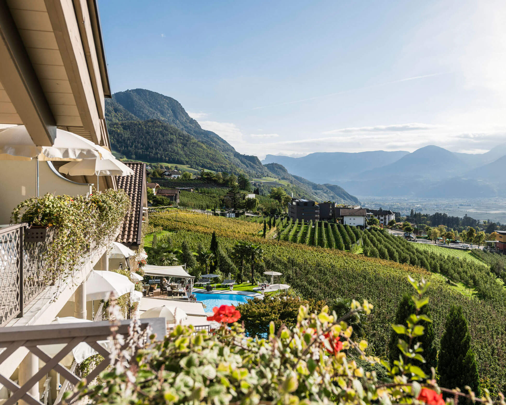 Hotel balcony overlooks green vineyards, pool, and distant mountains under a clear blue sky. - Hotel Lagrein