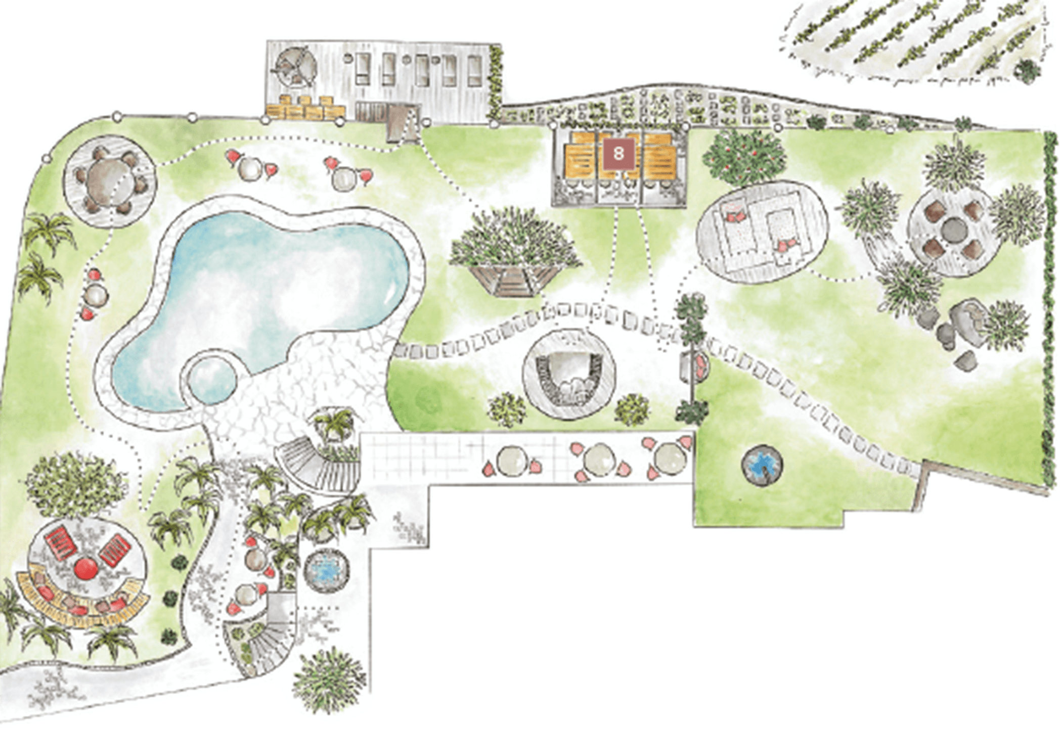 Illustrated garden plan with pool, seating areas, pathways, trees, and a small circular hot tub. - Hotel Lagrein