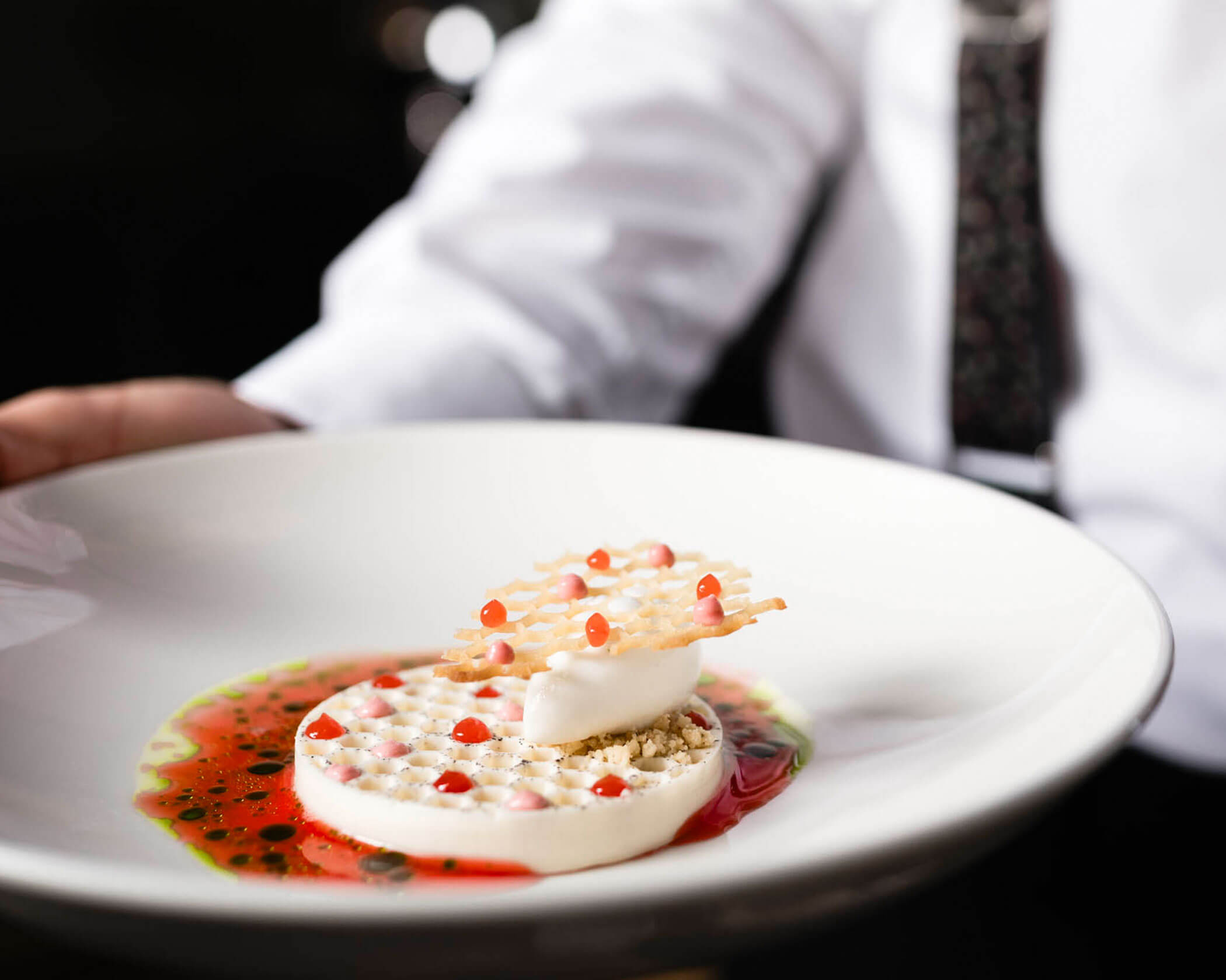 A plated gourmet dessert with circular white mousse, fruit sauce, and delicate garnishes, served by a person in formal attire. - Hotel Lagrein