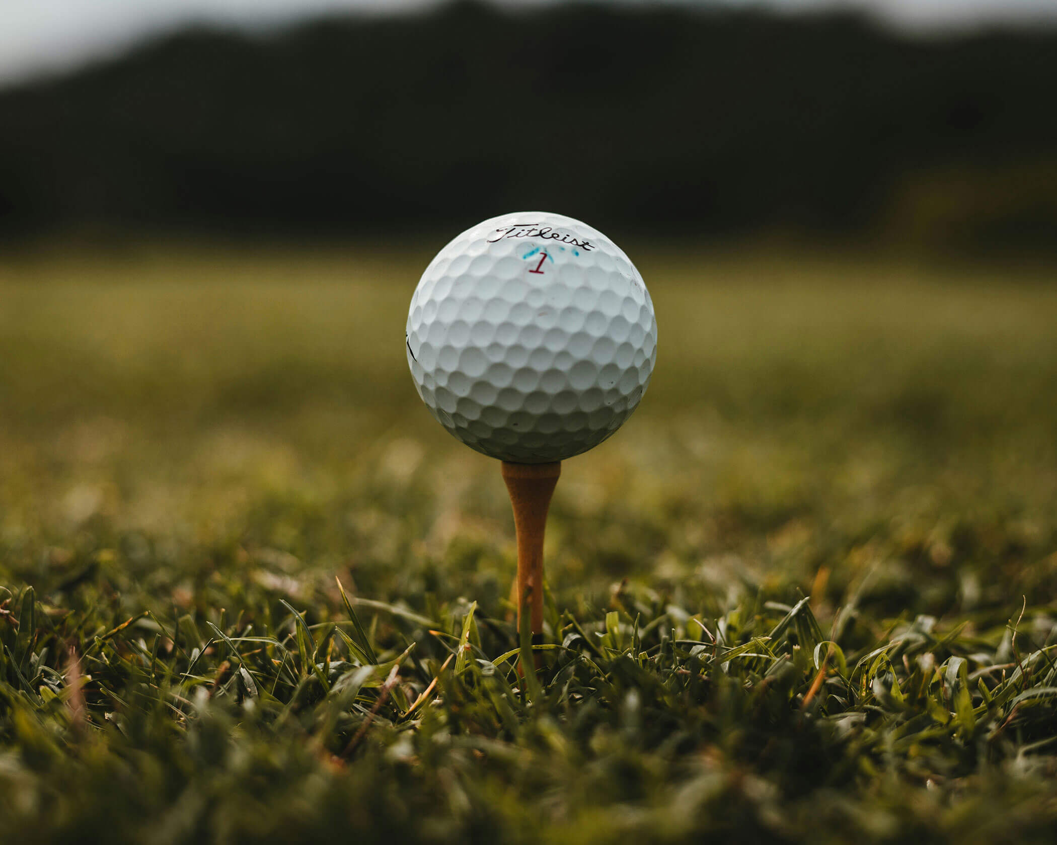 Close-up of a golf ball on a wooden tee, set on green grass with a blurred background. - Hotel Lagrein