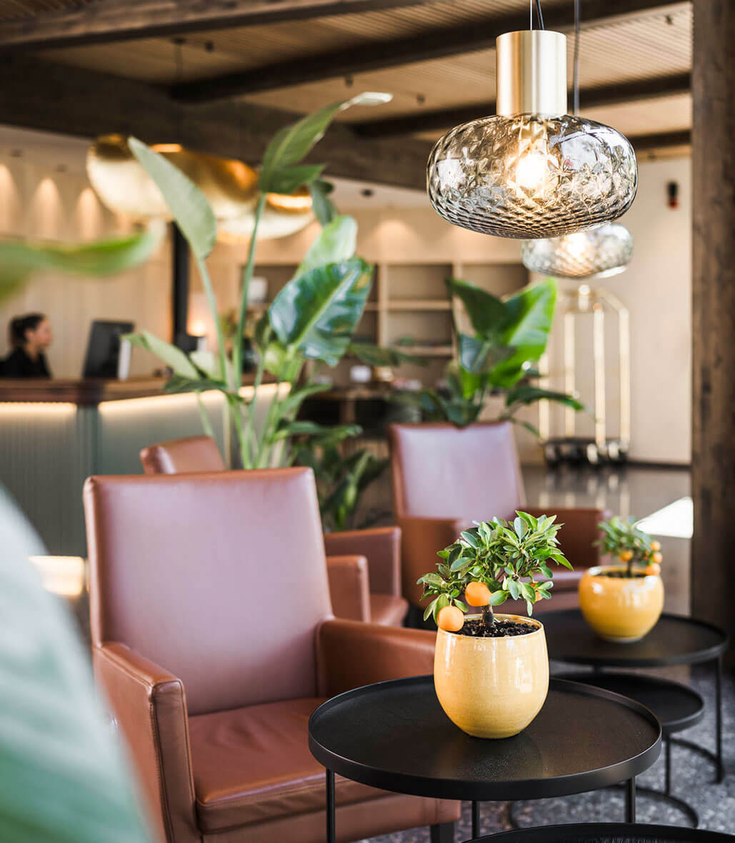 Modern lounge with brown chairs, potted orange trees on tables, hanging lights, and large green plants. - Hotel Lagrein