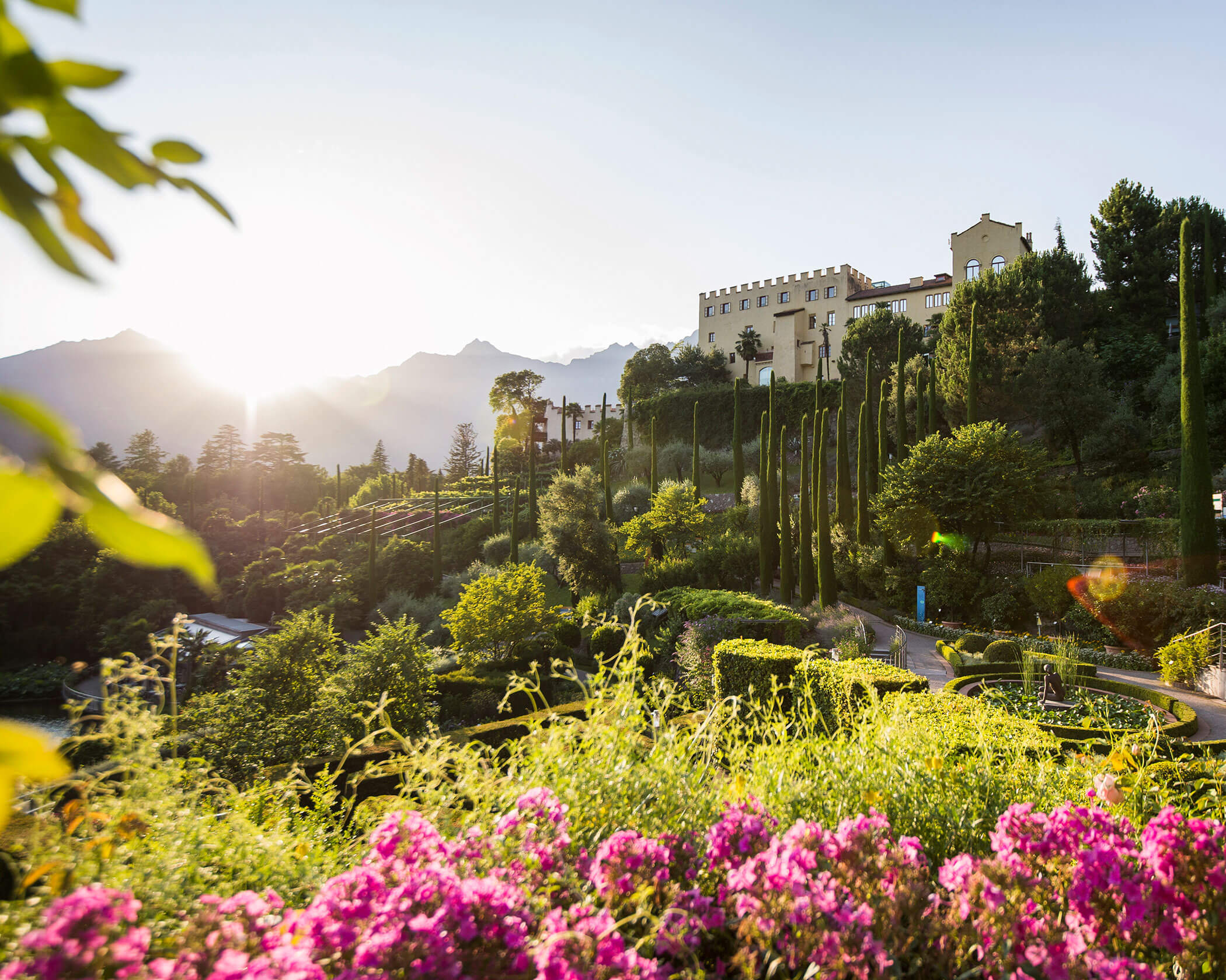 A hillside garden with pink flowers, tall cypress trees, and a villa at sunrise with mountains in the background. - Hotel Lagrein