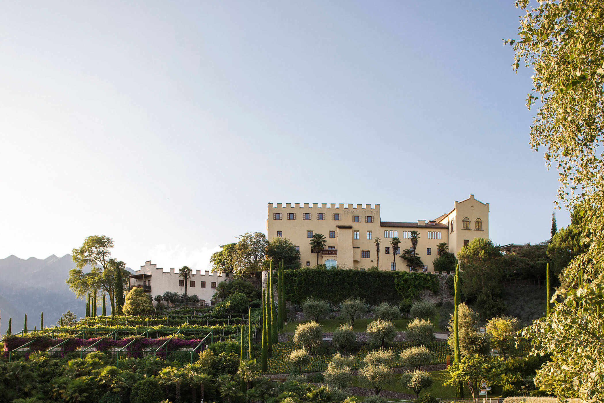 A large yellow villa with tall windows sits on a green hillside with terraced gardens and trees. - Hotel Lagrein